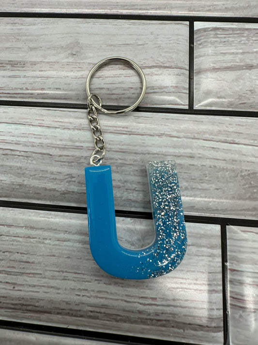 Blue Glitter Resin Letter U Keychain