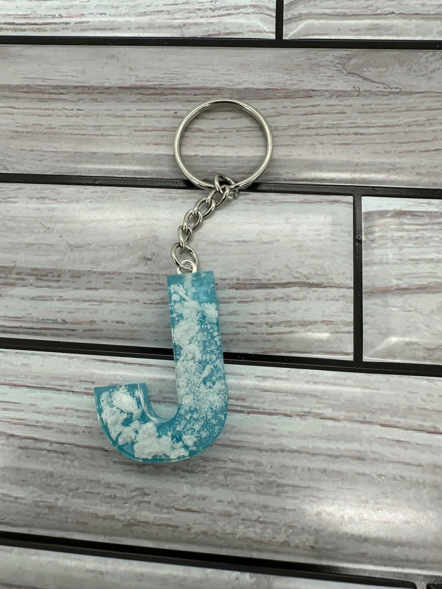 Cloudy Teal Resin Letter J Keychain