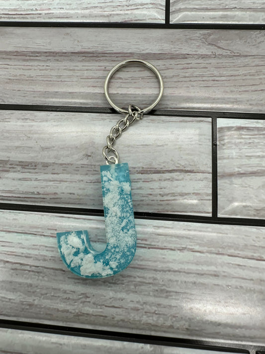 Cloudy Teal Resin Letter J Keychain