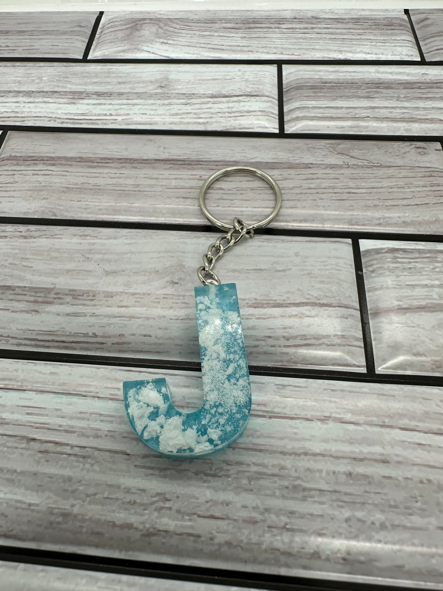 Cloudy Teal Resin Letter J Keychain