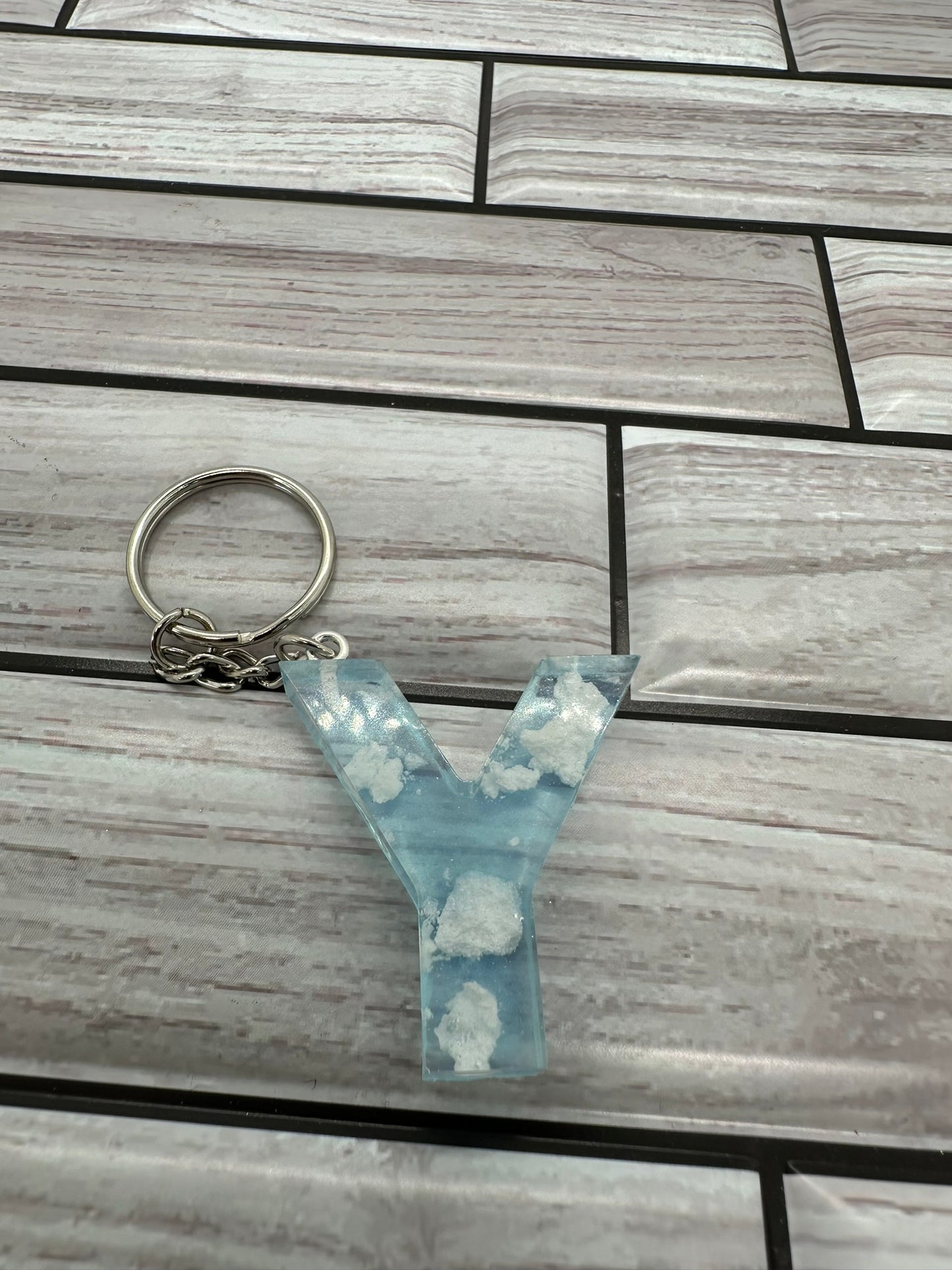 Cloudy Blue Resin Letter Y Keychain