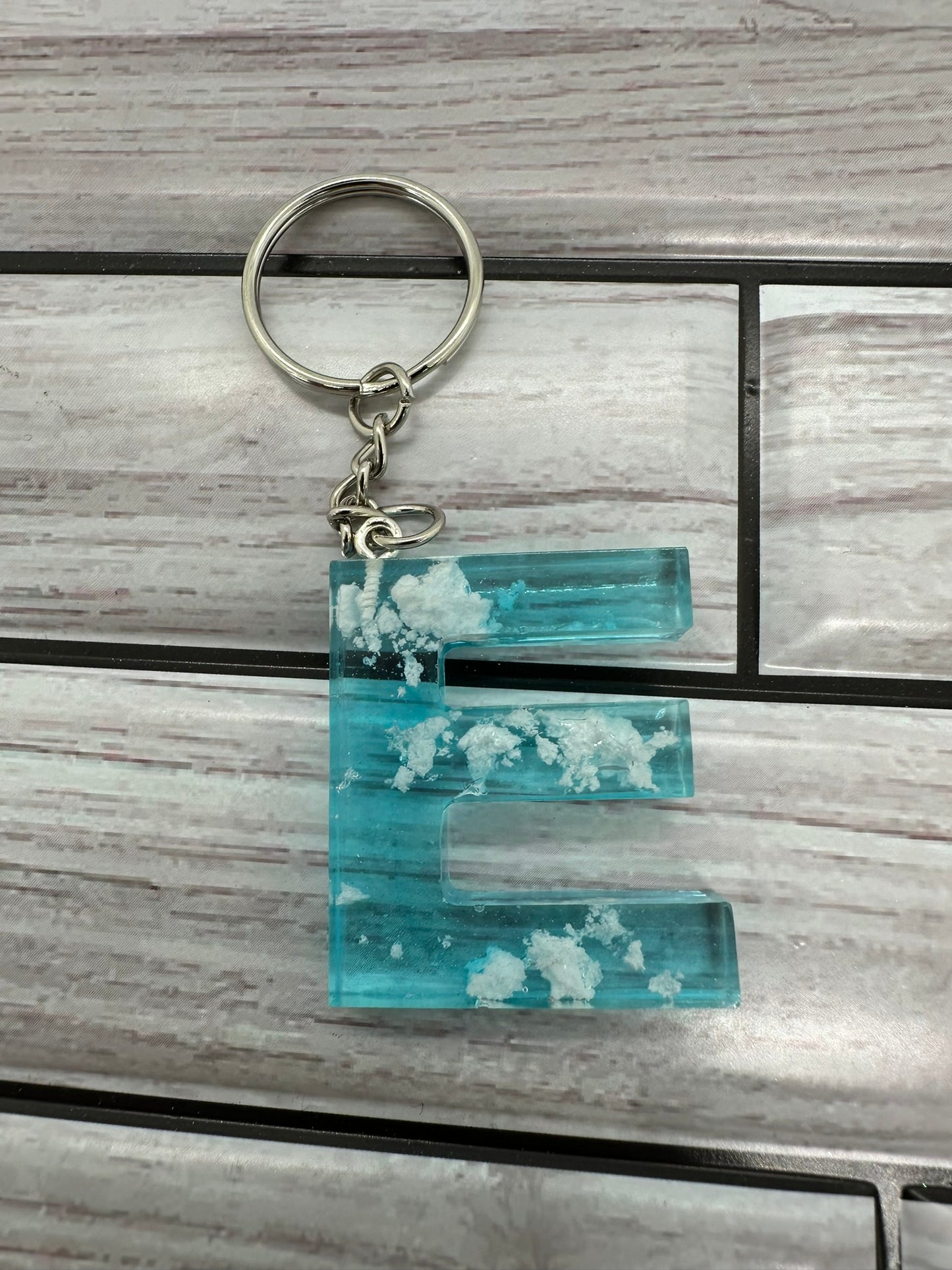 Cloudy Blue Resin Letter E Keychain