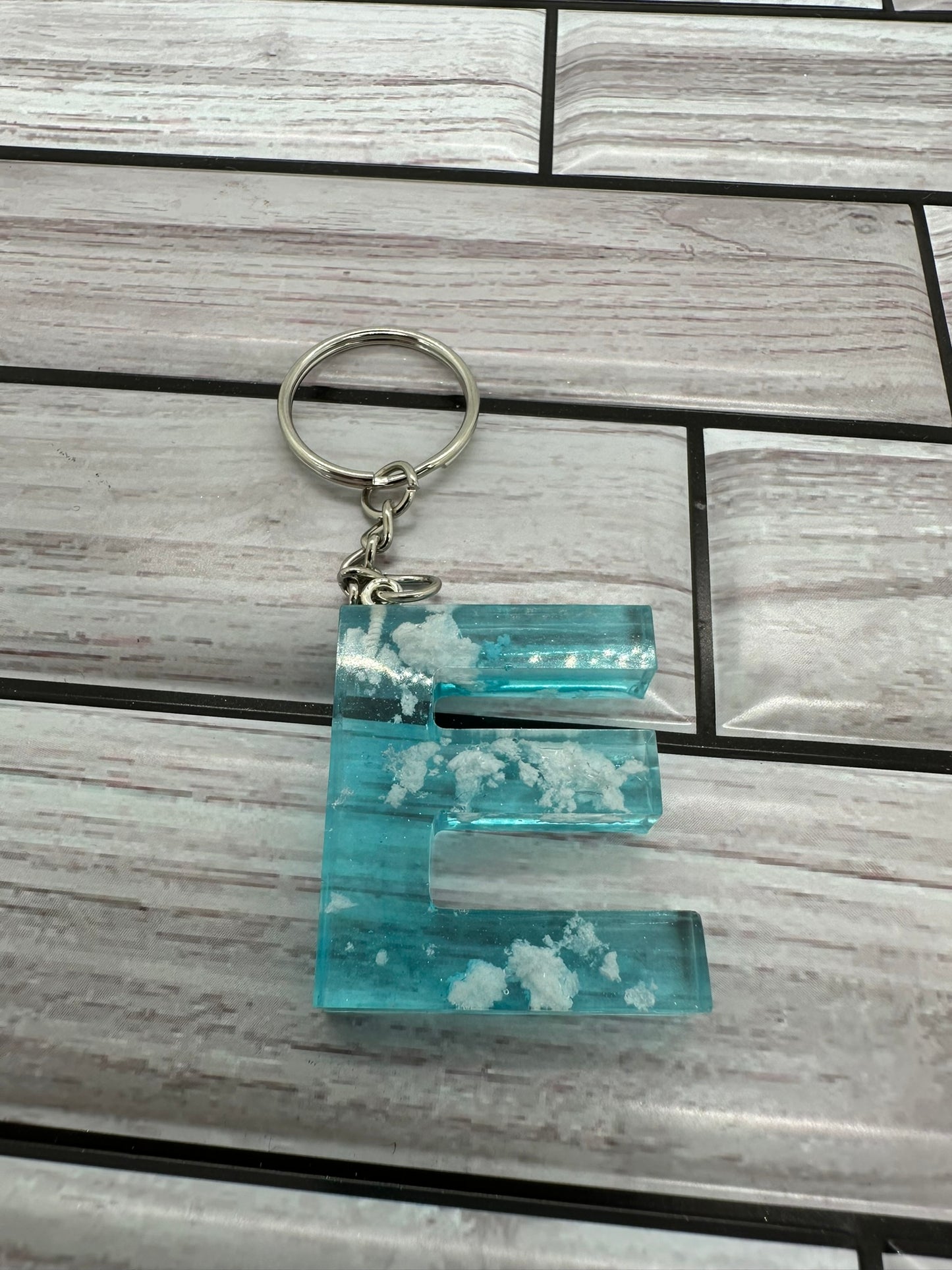 Cloudy Blue Resin Letter E Keychain