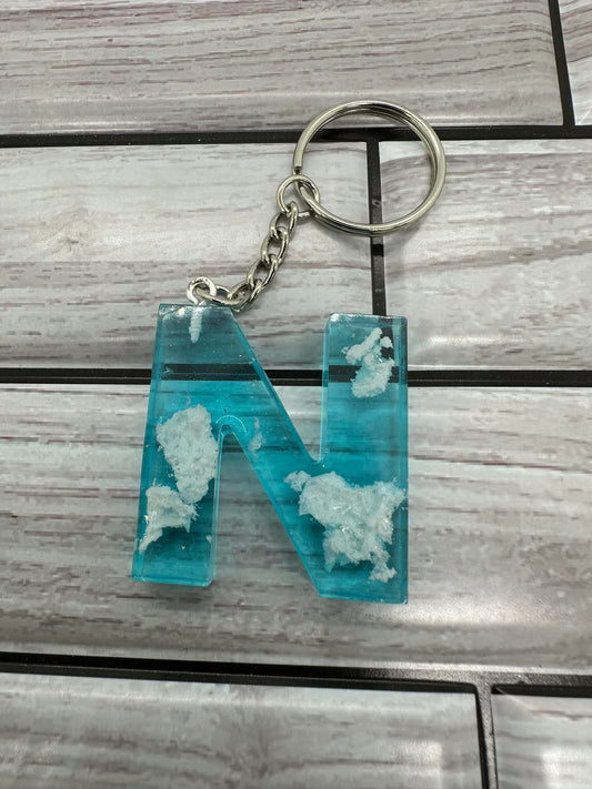 Cloudy Blue Resin Letter N Keychain