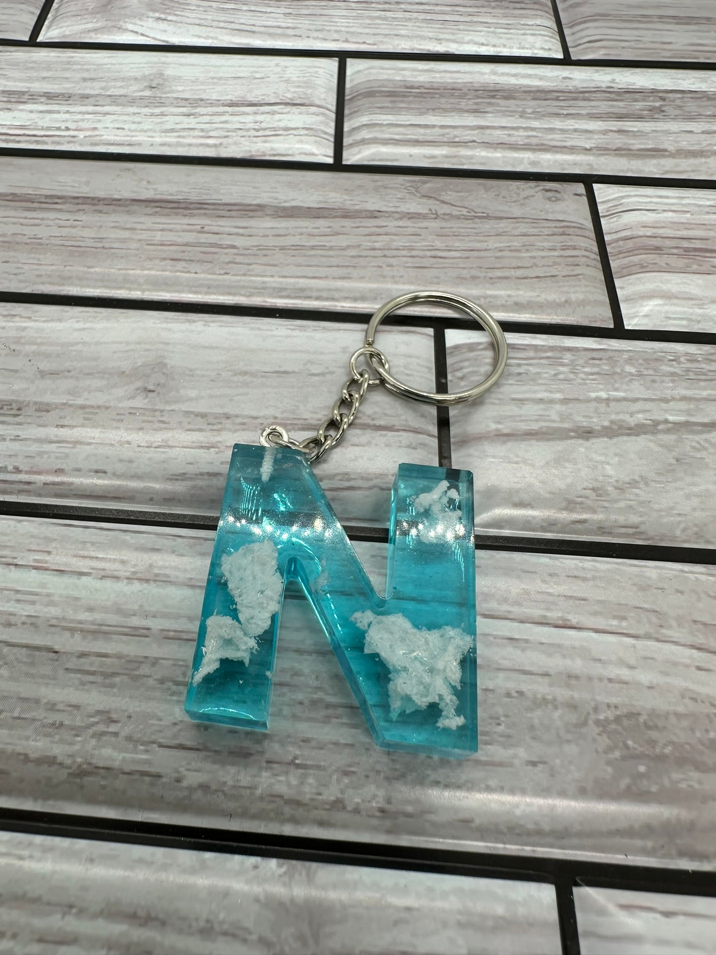 Cloudy Blue Resin Letter N Keychain