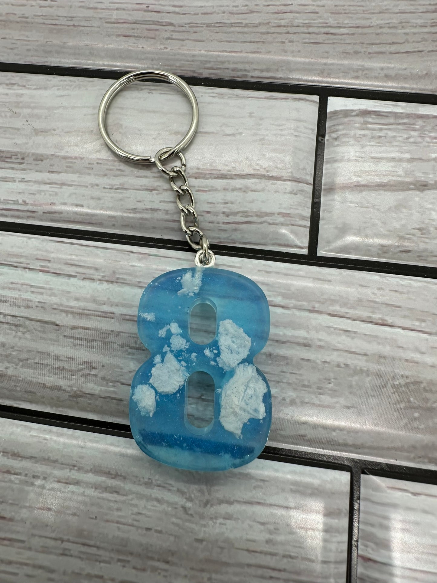 Cloudy Blue Resin Number 8 Keychain