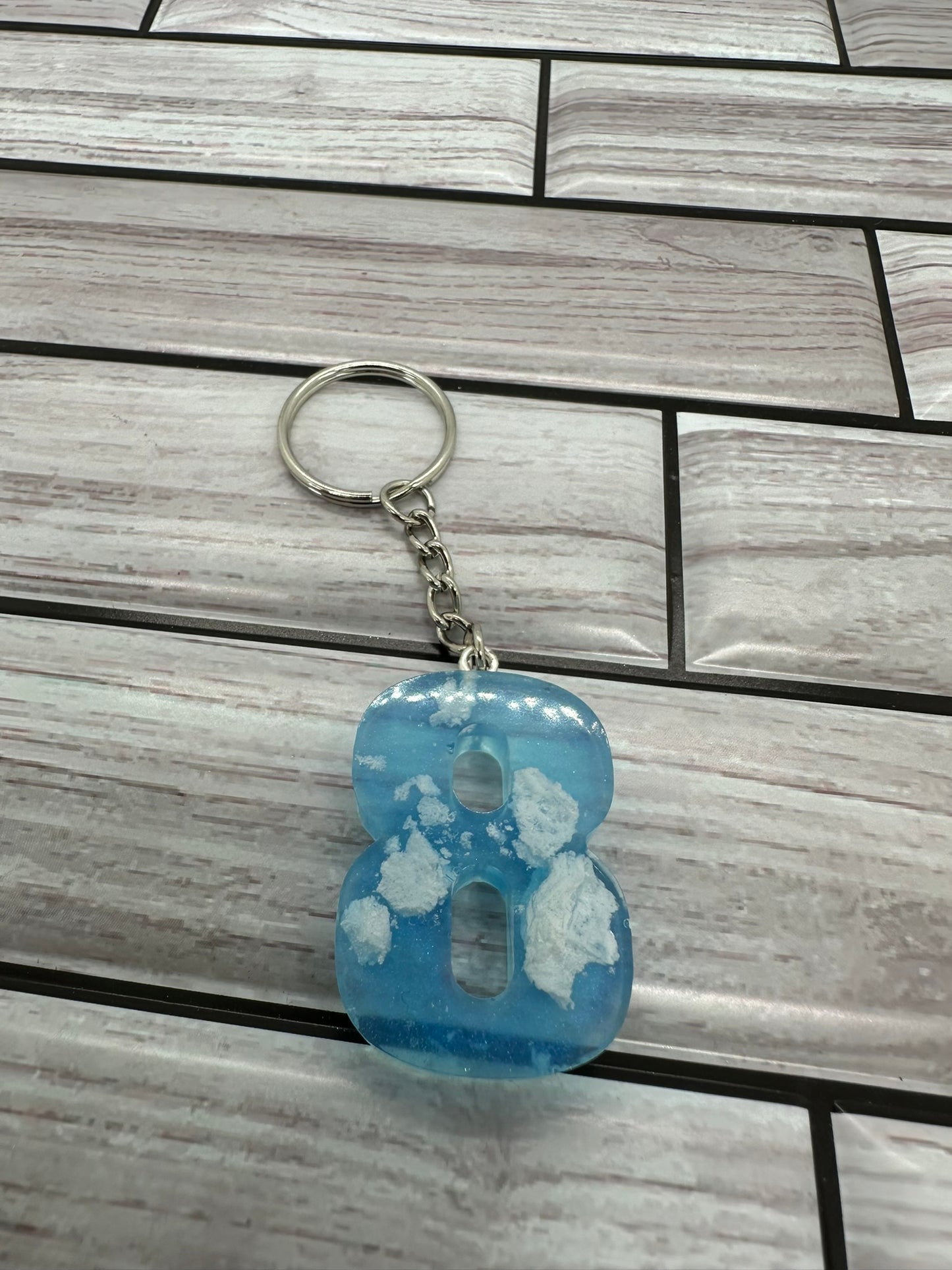 Cloudy Blue Resin Number 8 Keychain