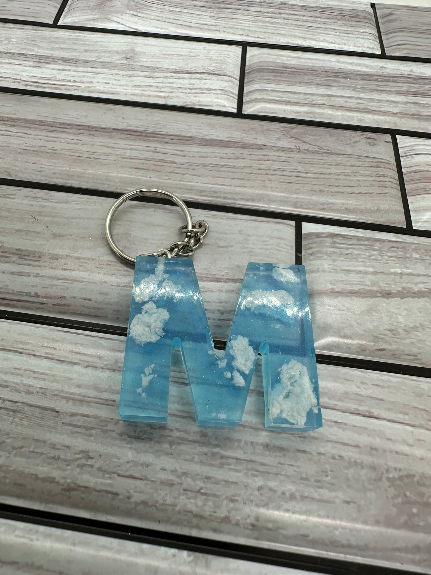 Cloudy Blue Resin Letter M Keychain