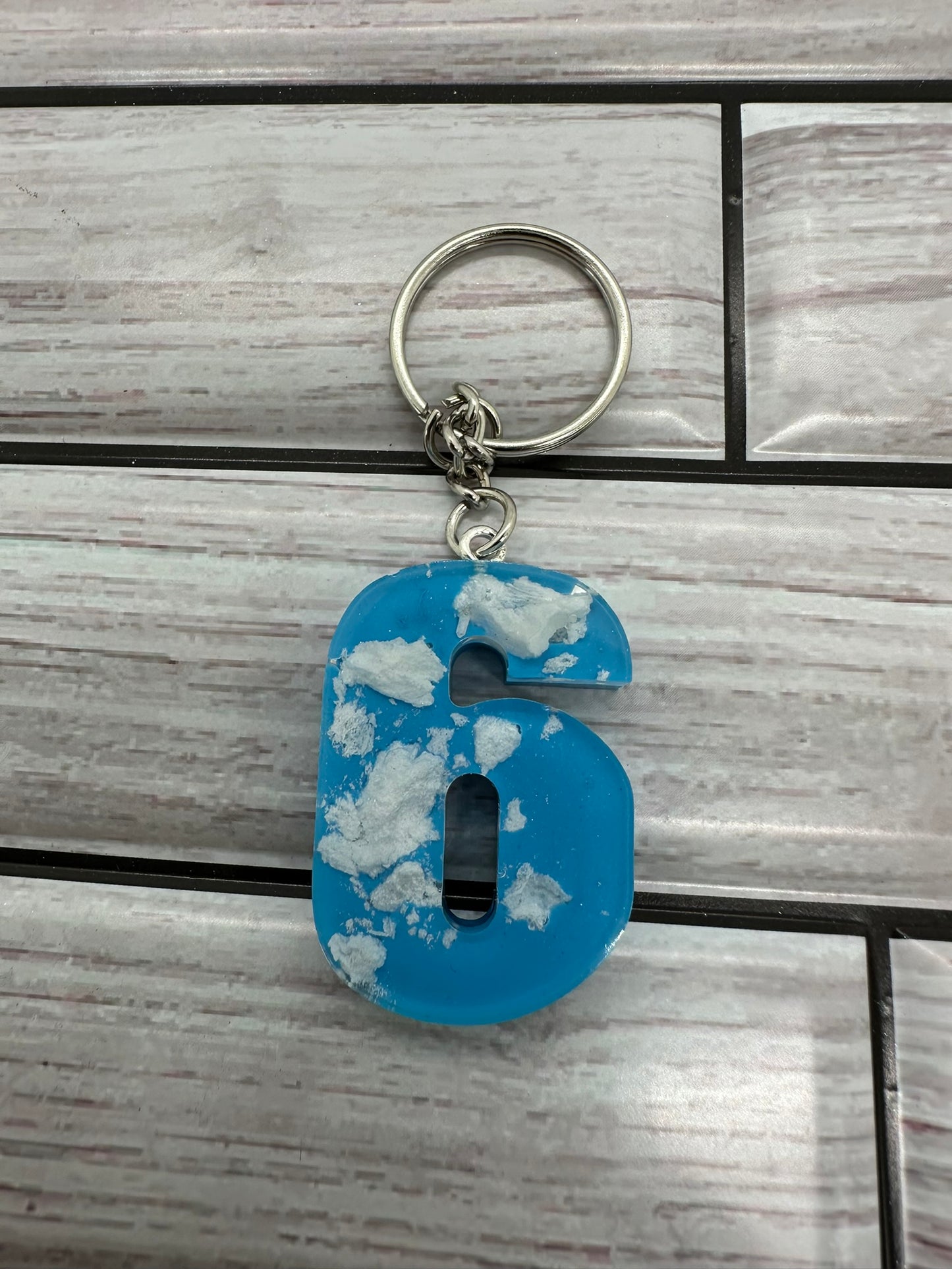 Cloudy Blue Resin Number 6 Keychain