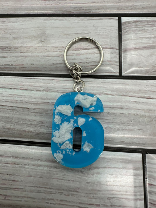 Cloudy Blue Resin Number 6 Keychain