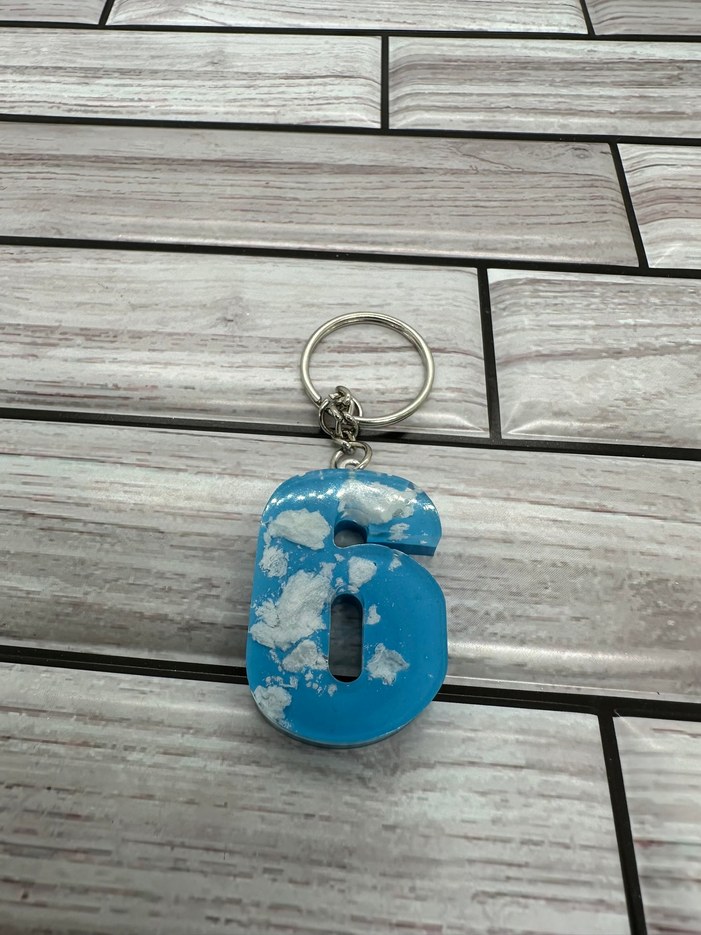 Cloudy Blue Resin Number 6 Keychain