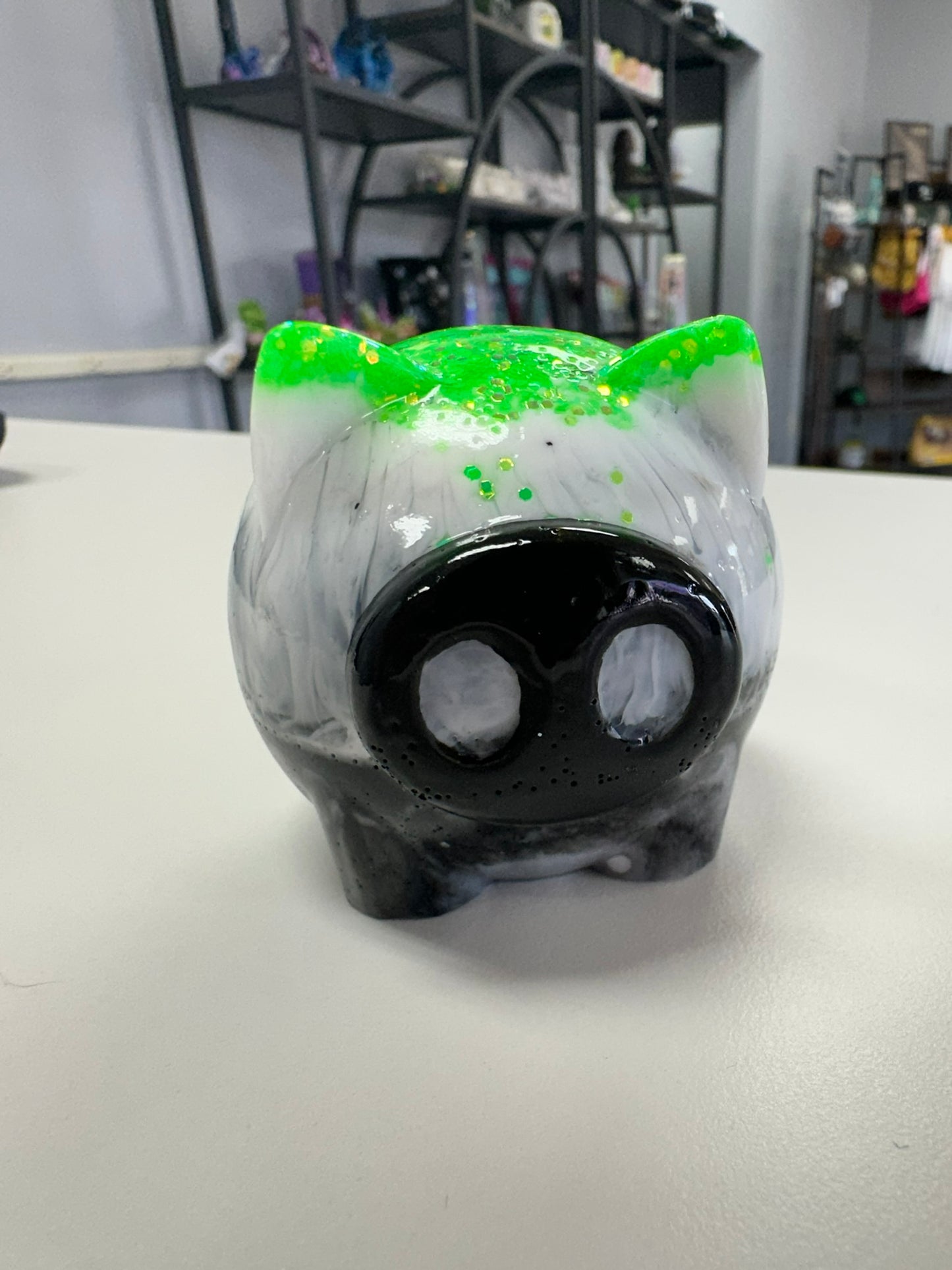 Glowing Green with White and Black Swirl Pig