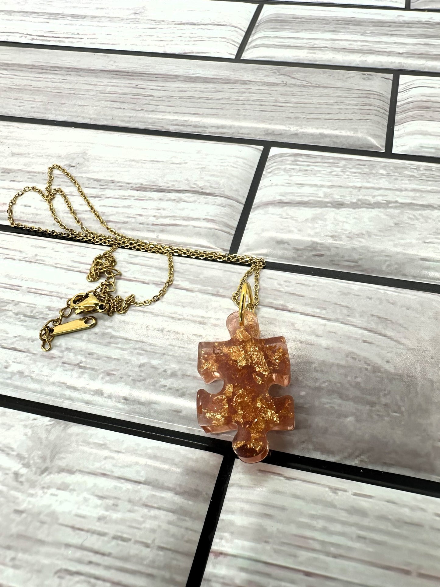 Rose Gold Puzzle Piece Resin Necklace