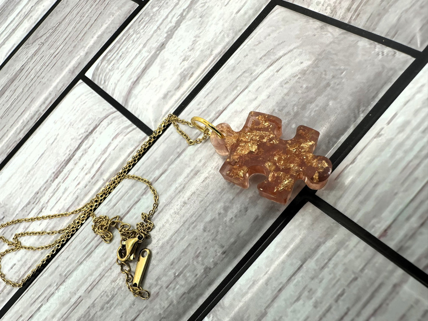 Rose Gold Puzzle Piece Resin Necklace