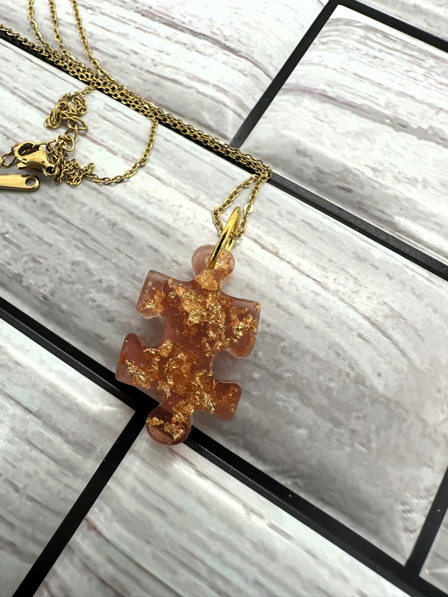 Rose Gold Puzzle Piece Resin Necklace