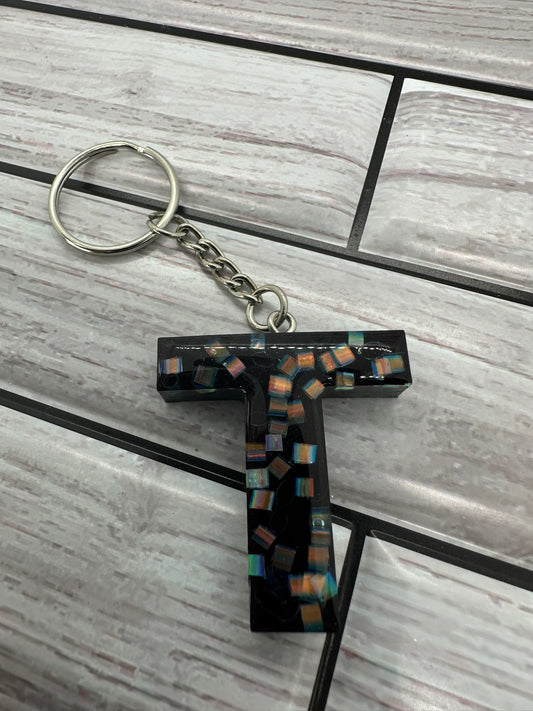 Black and Iridescent Resin Letter T Keychain