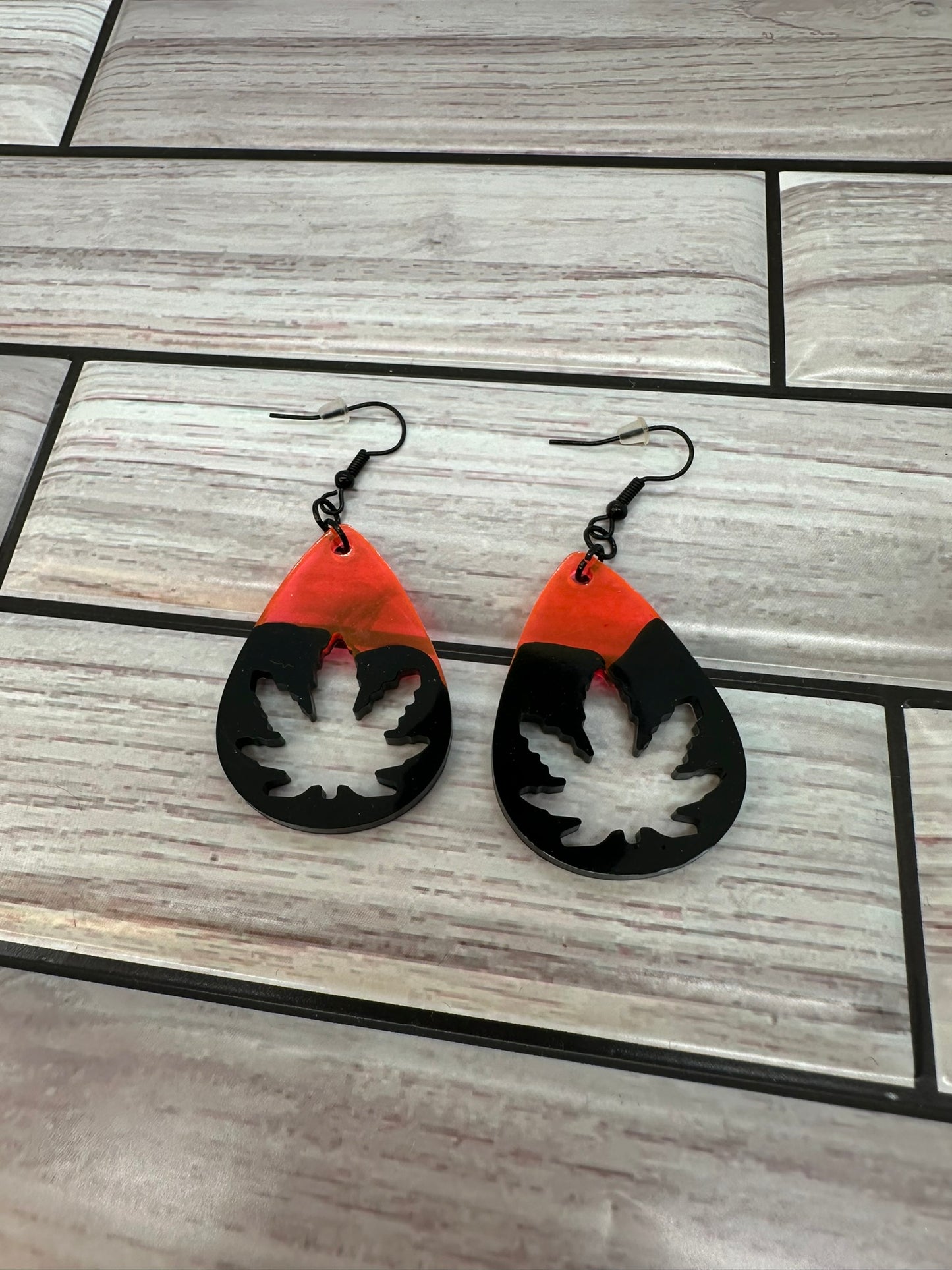 Pinkish Orange and Black Leaf Resin Earrings