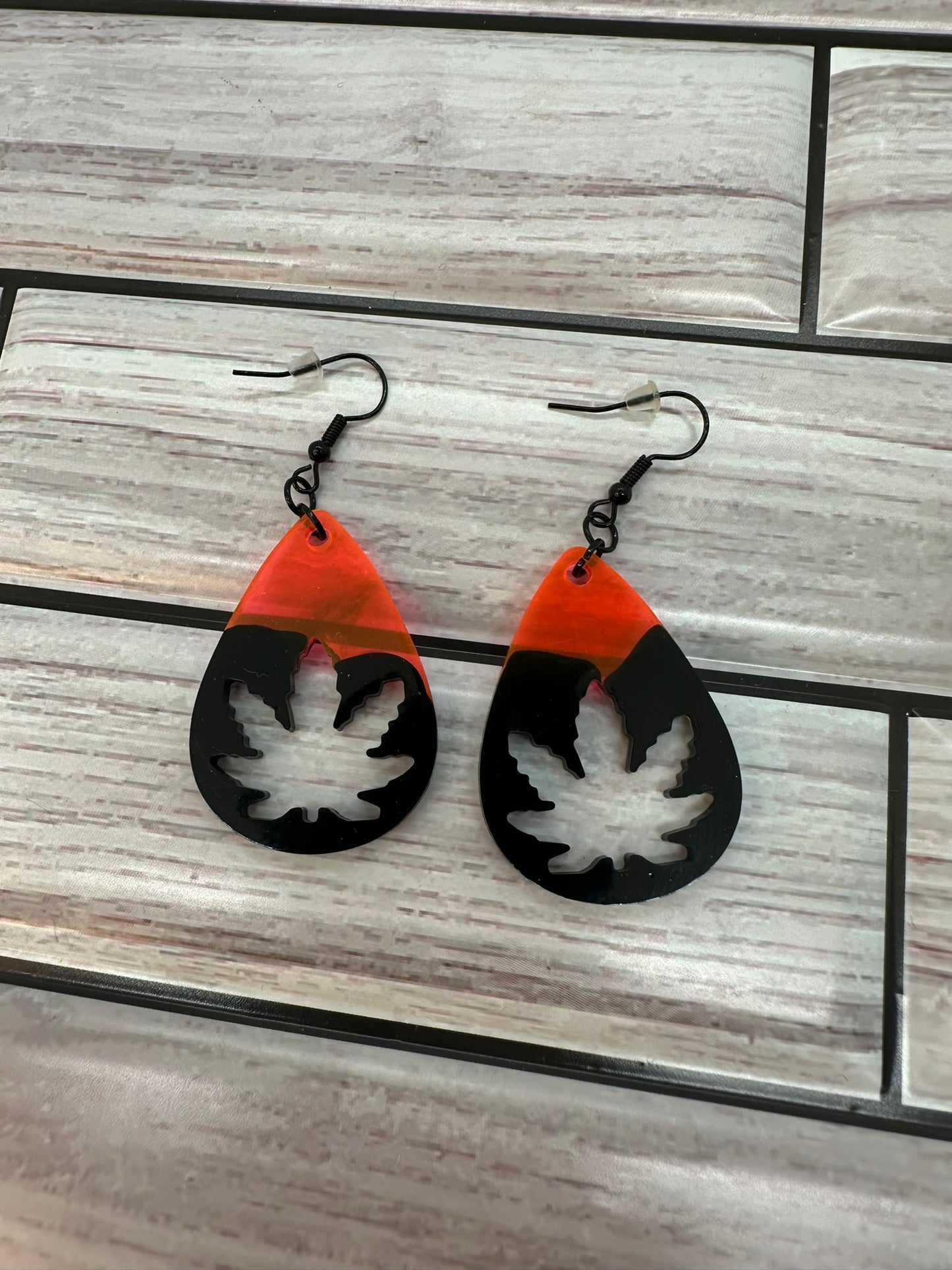 Pinkish Orange and Black Leaf Resin Earrings