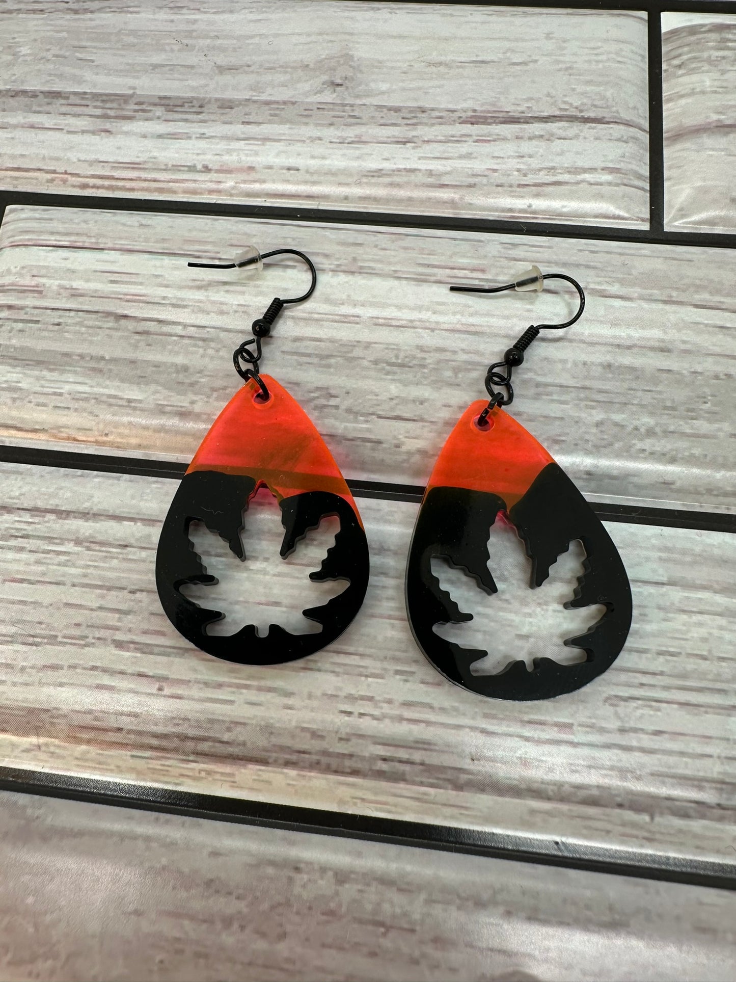 Pinkish Orange and Black Leaf Resin Earrings