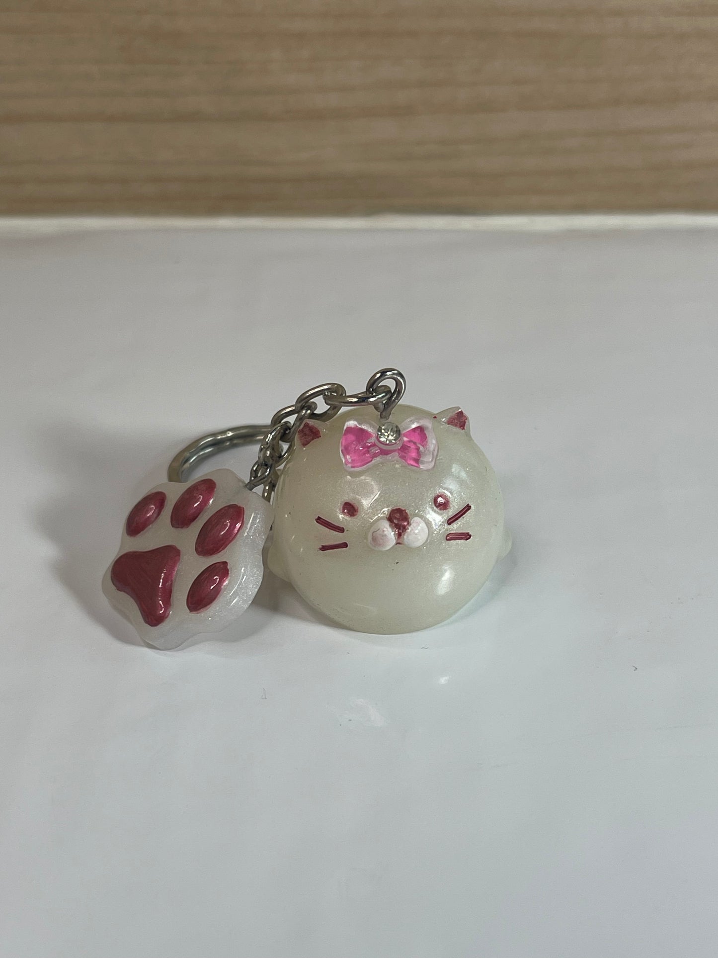 Kitty Cat with Bow and Paw Print White & Pink Keychain